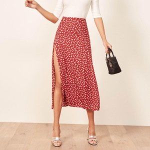 Reformation Floral Red Skirt with Slit